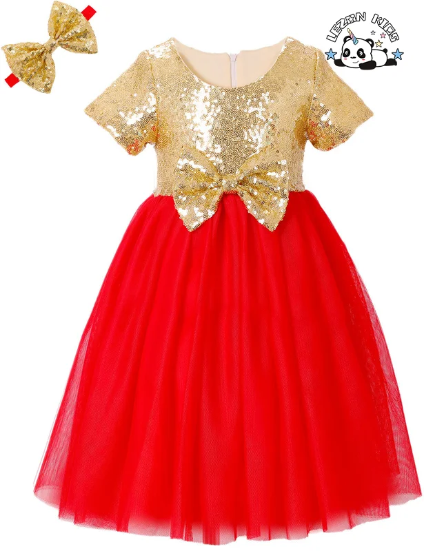 LEZONKIDS - Girls' Sequins Gauze Dress New Style Children's Short Sleeved Flower Children's Dress Princess Bowknot Peng Peng Dress